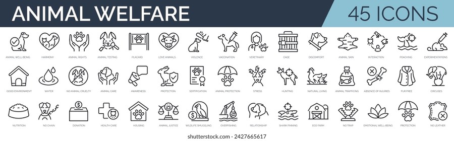 Set of 45 outline icons related to animal welfare. Linear icon collection. Editable stroke. Vector illustration