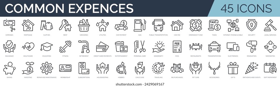 Set of 45 outline icons related to common monthly expenses. Linear icon collection. Editable stroke. Vector illustration