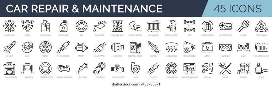 Set of 45 outline icons related to vehicle repair and maintenance. Linear icon collection. Editable stroke. Vector illustration