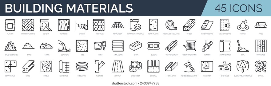 Set of 45 outline icons related to building materials. Linear icon collection. Editable stroke. Vector illustration