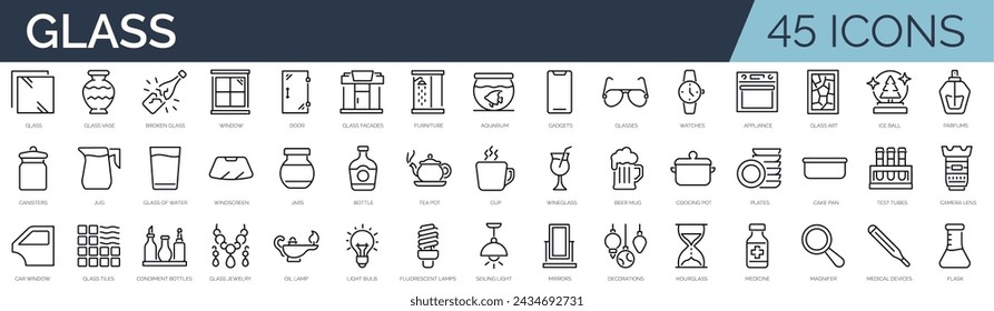 Set of 45 outline icons related to glass. Linear icon collection. Editable stroke. Vector illustration