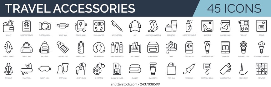 Set of 45 outline icons related to travel accessories. Linear icon collection. Editable stroke. Vector illustration