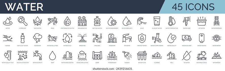 Set of 45 outline icons related to water. Linear icon collection. Editable stroke. Vector illustration