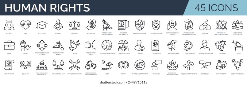 Set of 45 outline icons related to basic human rights. Linear icon collection. Editable stroke. Vector illustration