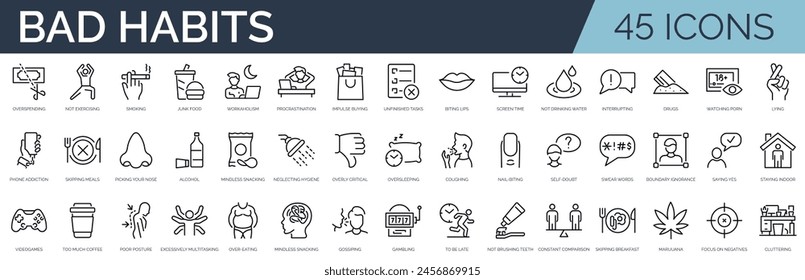 Set of 45 outline icons related to bad habits. Linear icon collection. Editable stroke. Vector illustration