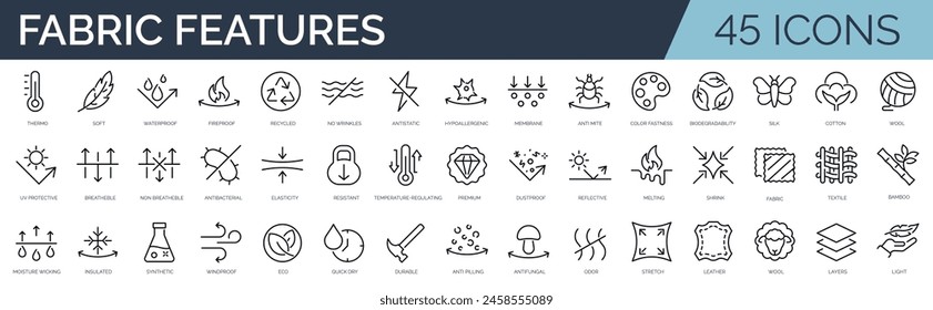 Set of 45 outline icons related to fabric features. Linear icon collection. Editable stroke. Vector illustration