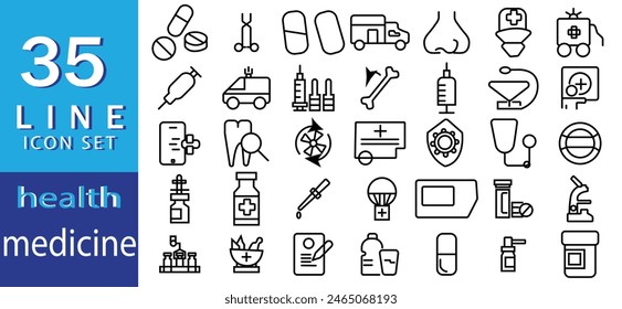 Set of 45 outline icons related to pharmaceutical. Linear icon collection. Editable stroke. Vector illustration
