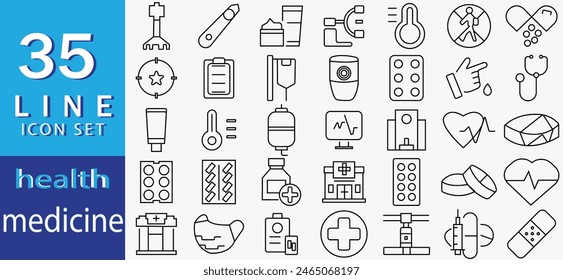 Set of 45 outline icons related to pharmaceutical. Linear icon collection. Editable stroke. Vector illustration