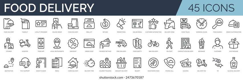 Set of 45 outline icons related to food delivery. Linear icon collection. Editable stroke. Vector illustration