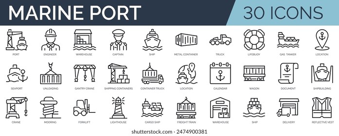 Set of 45 outline icons related to marine port. Linear icon collection. Editable stroke. Vector illustration