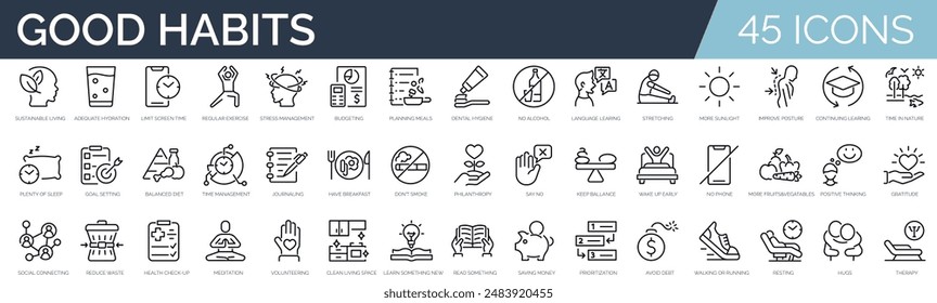 Set of 45 outline icons related to good habits. Linear icon collection. Editable stroke. Vector illustration