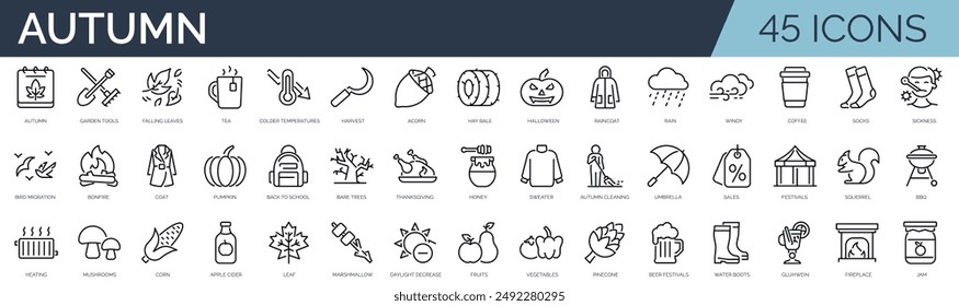 Set of 45 outline icons related to autumn. Linear icon collection. Editable stroke. Vector illustration