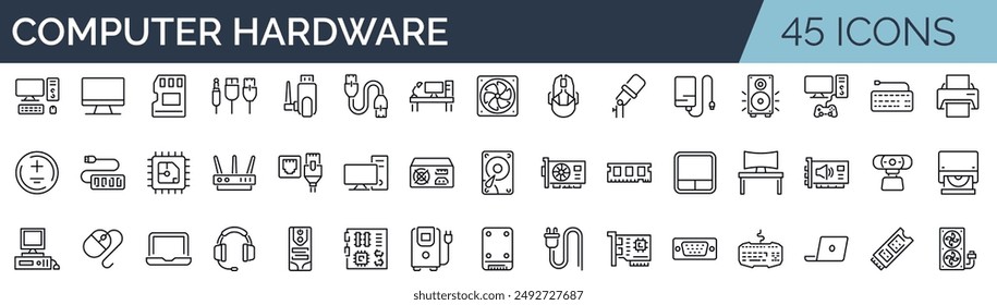 Set of 45 outline icons related to pc, laptop, computer hardware component . Linear icon collection. Editable stroke. Vector illustration