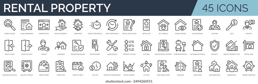 Conjunto de 45 iconos de esquema relacionados con la propiedad de alquiler. Colección de iconos lineales. Trazo editable. Ilustración vectorial