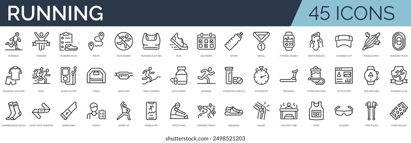 Set of 45 outline icons related to running.Linear icon collection. Editable stroke. Vector illustration