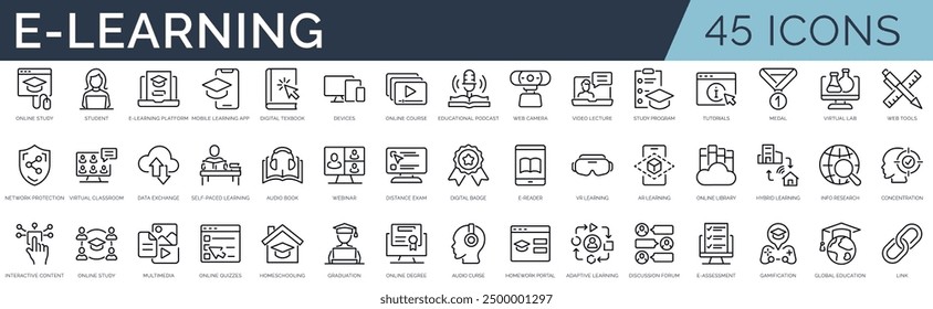 Set of 45 outline icons related to e-learning, online education. Linear icon collection. Editable stroke. Vector illustration