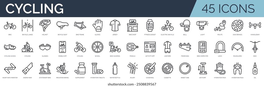 Set of 45 outline icons related to cycling. Linear icon collection. Editable stroke. Vector illustration