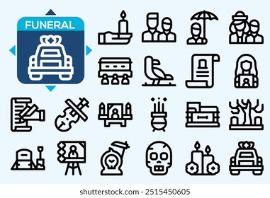 Set of 45 outline icons related to death and funeral. Linear icon collection. Editable stroke. Vector illustration
