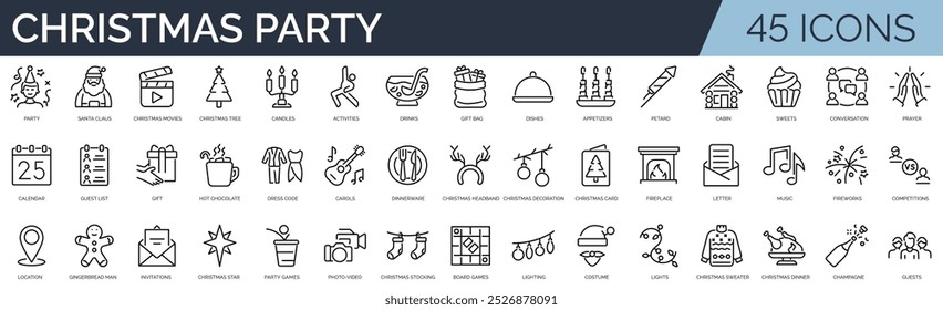 Set of 45 outline icons related to Christmas party. Linear icon collection. Editable stroke. Vector illustration