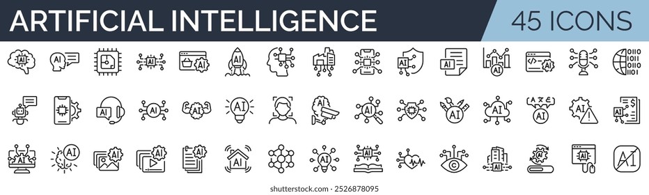 Conjunto de 45 ícones de estrutura de tópicos relacionados à IA, inteligência artificial. Coleção de ícones linear. Traçado editável. Ilustração vetorial