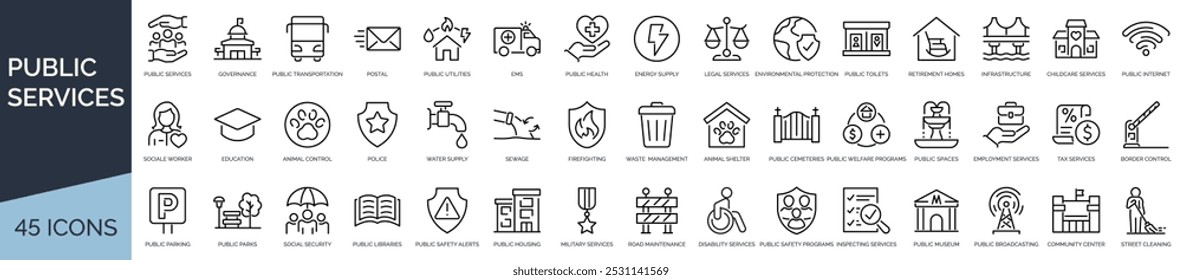 Set of 45 outline icons related to public services. Linear icon collection. Editable stroke. Vector illustration