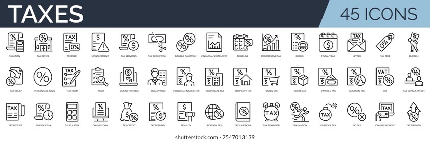 Set of 45 outline icons related to taxes. Linear icon collection. Editable stroke. Vector illustration	