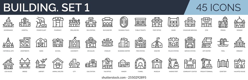 Set von 45 Umrisssymbolen für Gebäude. Erste Reihe. Lineare Symbolsammlung. Bearbeitbarer Strich. Vektorgrafik	