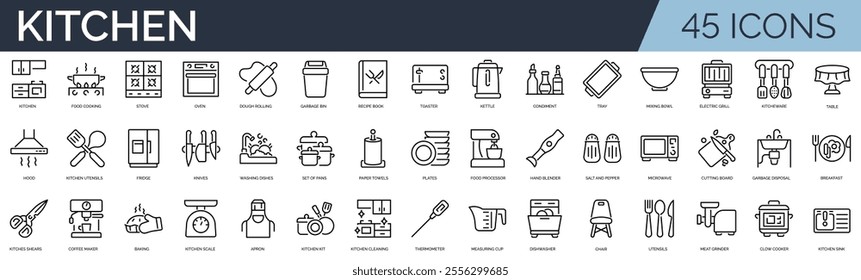 Set of 45 outline icons related to kitchen. Linear icon collection. Editable stroke. Vector illustration	