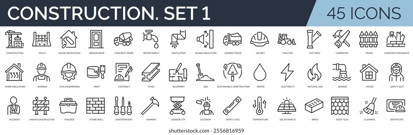 Set of 45 outline icons related to construction. First set. Linear icon collection. Editable stroke. Vector illustration	