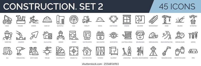 Set of 45 outline icons related to construction. Second set. Linear icon collection. Editable stroke. Vector illustration	