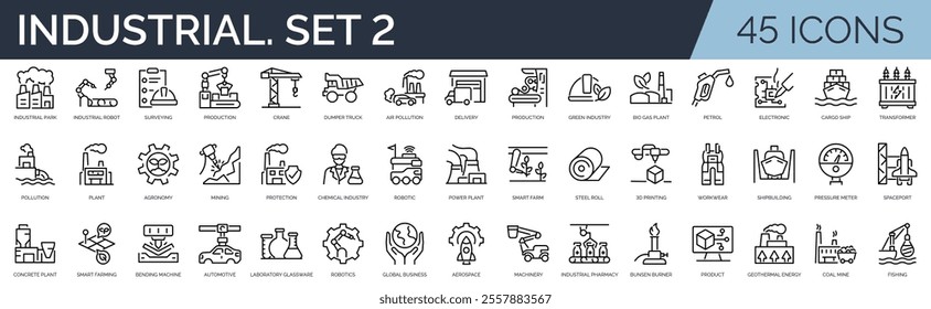 Set of 45 outline icons related to industrial. Second set. Linear icon collection. Editable stroke. Vector illustration	