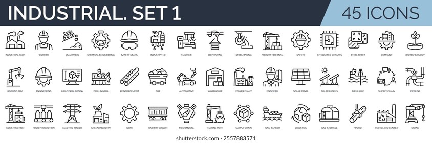 Set of 45 outline icons related to industrial. First set. Linear icon collection. Editable stroke. Vector illustration	