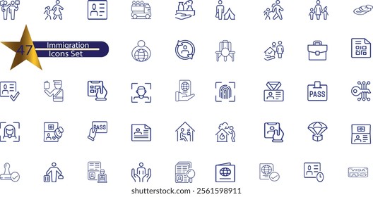 Set of 45 outline icons related to immigration.