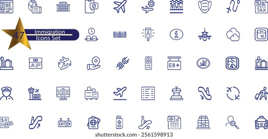 Set of 45 outline icons related to immigration.