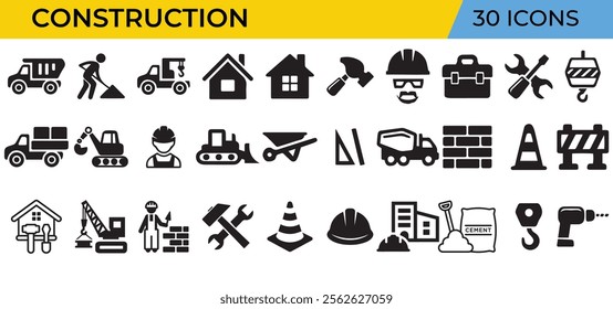 Set of 45 outline icons related to construction. Second set. Linear icon collection. Editable stroke. Vector illustration. Construction Thin Line Icons - Editable Stroke