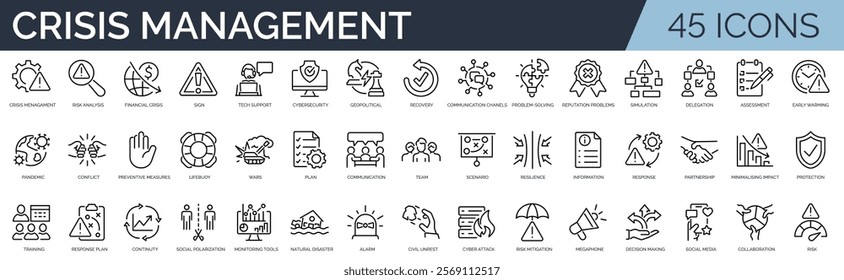 Set of 45 outline icons related to crisis management. Linear icon collection. Editable stroke. Vector illustration	