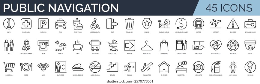 Set of 45 outline icons related to public navigation. Linear icon collection. Editable stroke. Vector illustration	