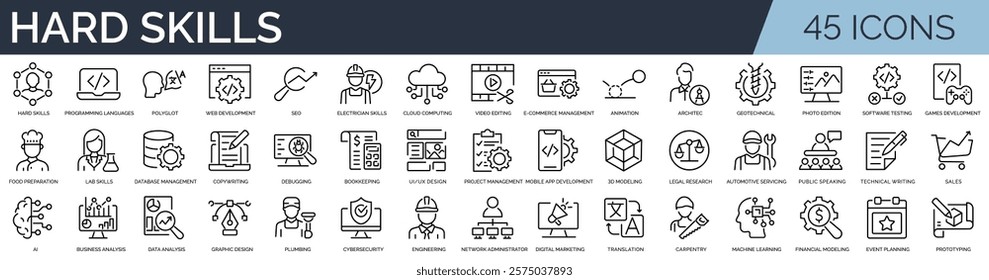 Set of 45 outline icons related to hard skills.  Linear icon collection. Editable stroke. Vector illustration	