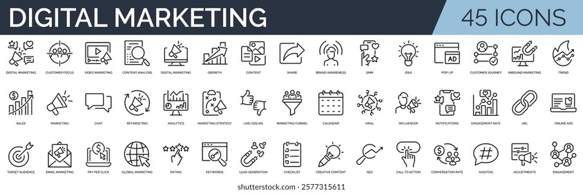 Set of 45 outline icons related to digital marketing.  Linear icon collection. Editable stroke. Vector illustration	