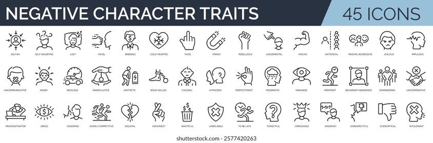 Set of 45 outline icons related to Negative traits of character.  Linear icon collection. Editable stroke. Vector illustration	