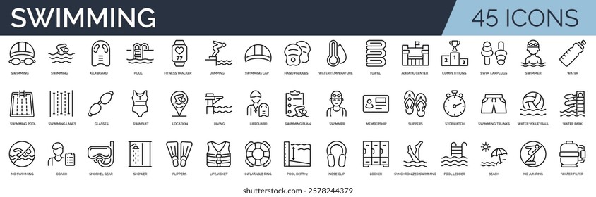 Set of 45 outline icons related to swimming.  Linear icon collection. Editable stroke. Vector illustration	