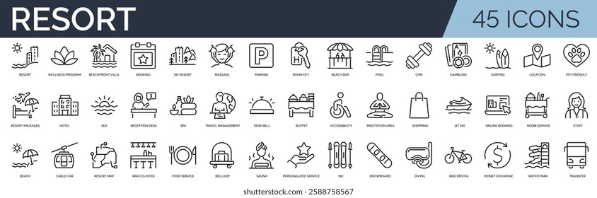 Set of 45 outline icons related to resort. Linear icon collection. Editable stroke. Vector illustration