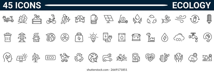 Conjunto de 45 ícones de tópicos relacionados à ecologia. Coleção de ícones linear. Traçado editável. Ilustração vetorial. Pictogramas e infográficos para aplicativos móveis. 