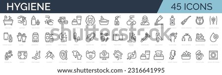 Set of 45 outline icons related to hygiene. Linear icon collection. Vector illustration. Editable stroke Stockfoto © 
