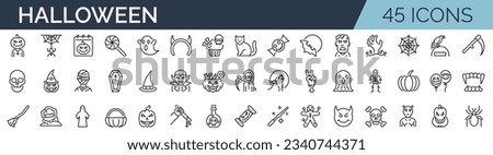 Set of 45 outline icons related to halloween. Linear icon collection. Editable stroke. Vector illustration