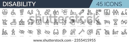 Set of 45 outline icons related to disability, disabled people. Linear icon collection. Editable stroke. Vector illustration