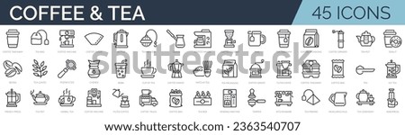 Set of 45 outline icons related to coffee and tea. Linear icon collection. Editable stroke. Vector illustration