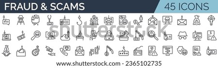 Set of 45 outline icons related to fraud, scams and phishing. Linear icon collection. Editable stroke. Vector illustration