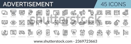 Set of 45 outline icons related to advertisiment, marketing, ads. Linear icon collection. Editable stroke. Vector illustration