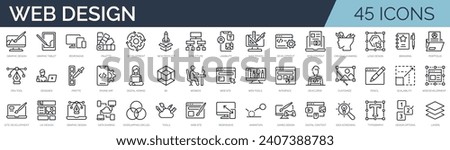 Set of 45 outline icons related to web design. Linear icon collection. Editable stroke. Vector illustration